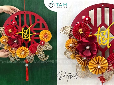 Vòng treo cửa Tết họa tiết khung cửa chữ Tết  [Bằng gỗ] ĐK 50cm VTC-T-44